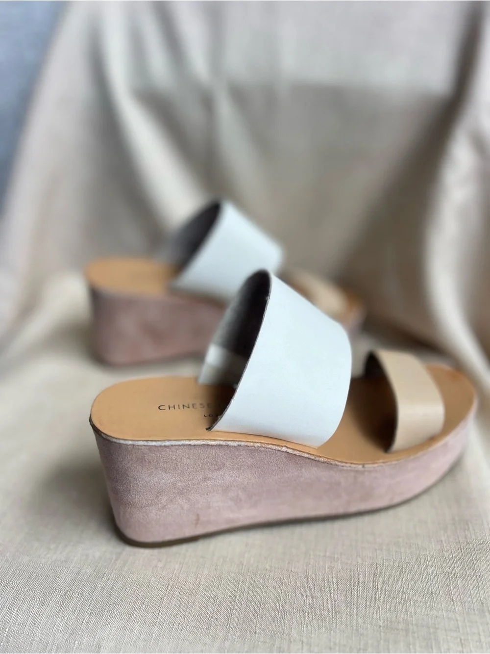 Chinese Laundry White and Beige Double-Band Wedge Sandals